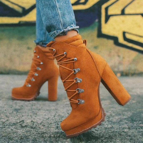 Bottes À talons hauts Pour Femmes Bout Rond Lace UP Bottes Mi-mollet