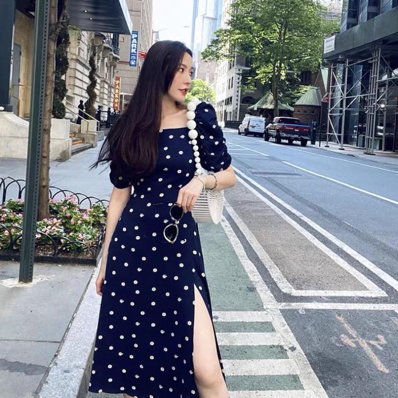 Robe française à pois bleus pour femmes, nouvelle collection été