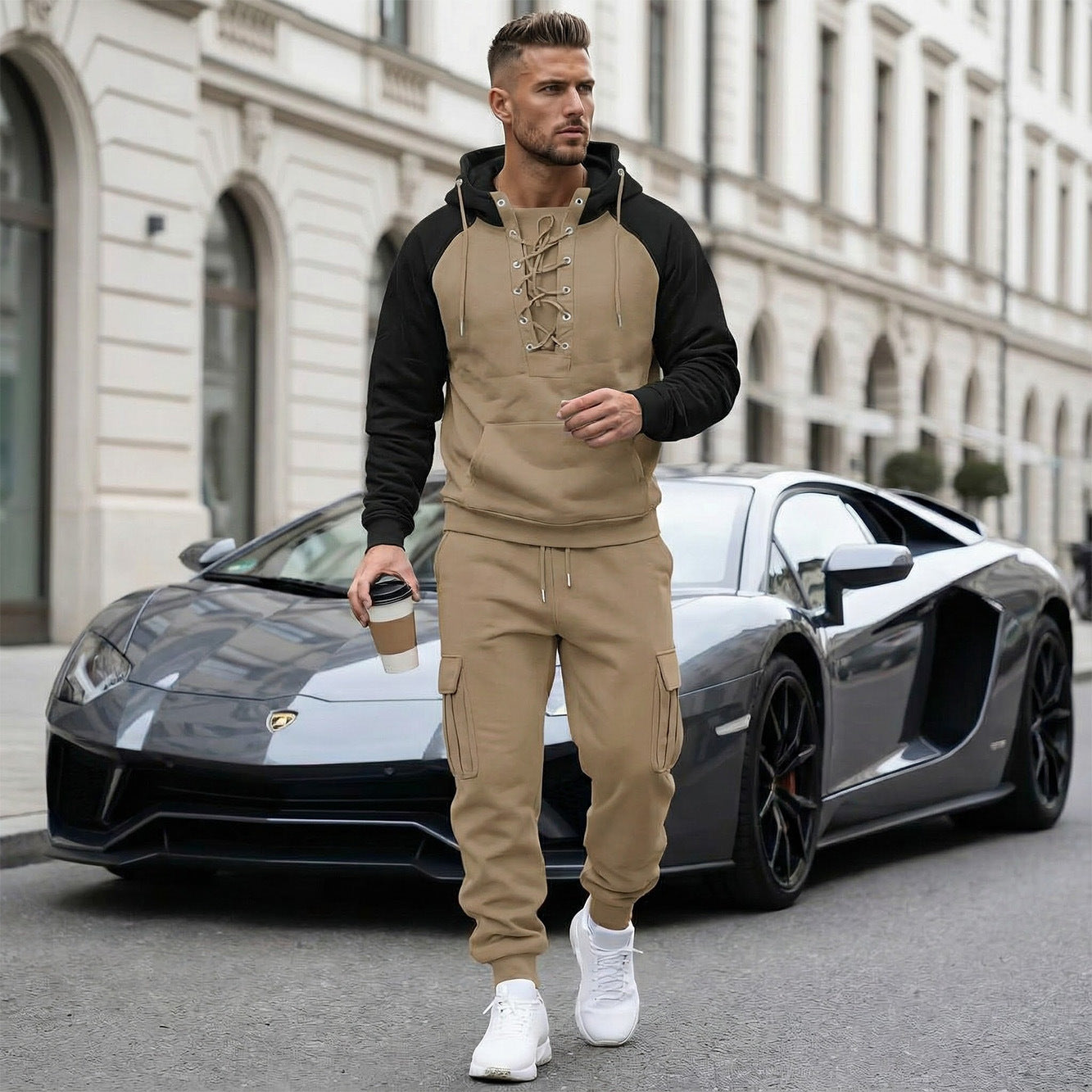 Pantalon cargo doublé en polaire, manches raglan, multi-poches