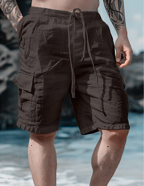 Short en lin et coton, cordon de serrage, taille élastique, jambe droite, couleur unie
