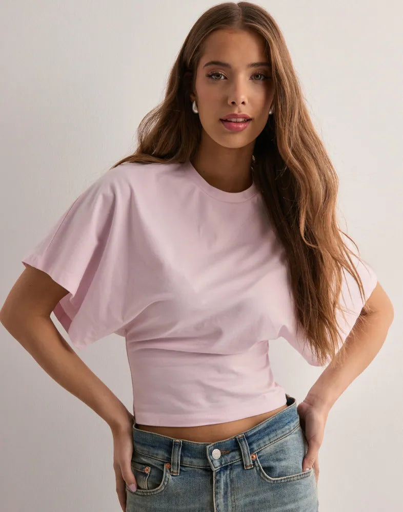 T-shirt d'été pour femme à manches chauve-souris – Col rond, style tendance