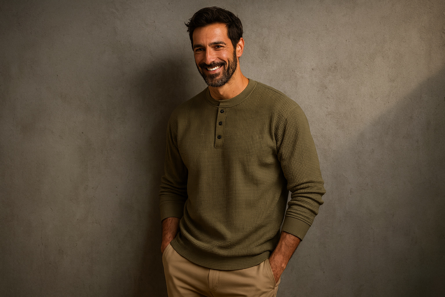 Henley casual en maille gaufrée, col rond, manches longues, couleur pleine