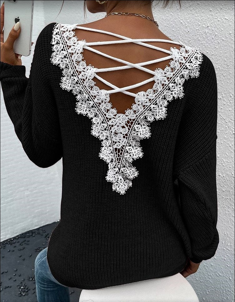 Pull à manches longues en dentelle dos nu ajouré à col en V