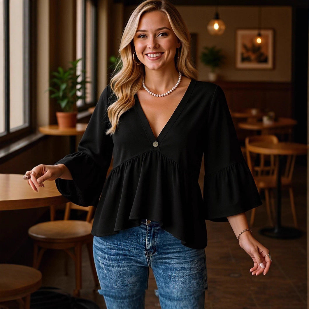 Chemisier femme uni décontracté à manches évasées 3/4