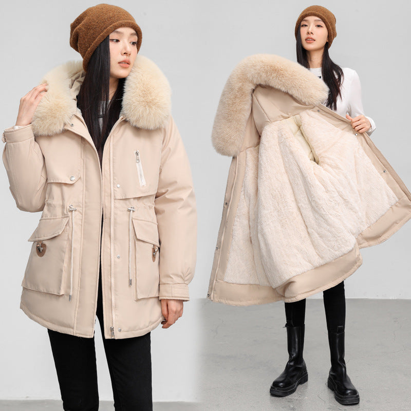 Manteau épais en coton doublé polaire, coupe parka amincissante, style transfrontalier.