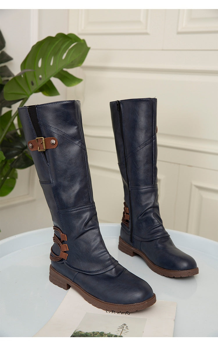 Bottes en cuir à la mode décontractées à bout rond et à talon carré pour femmes