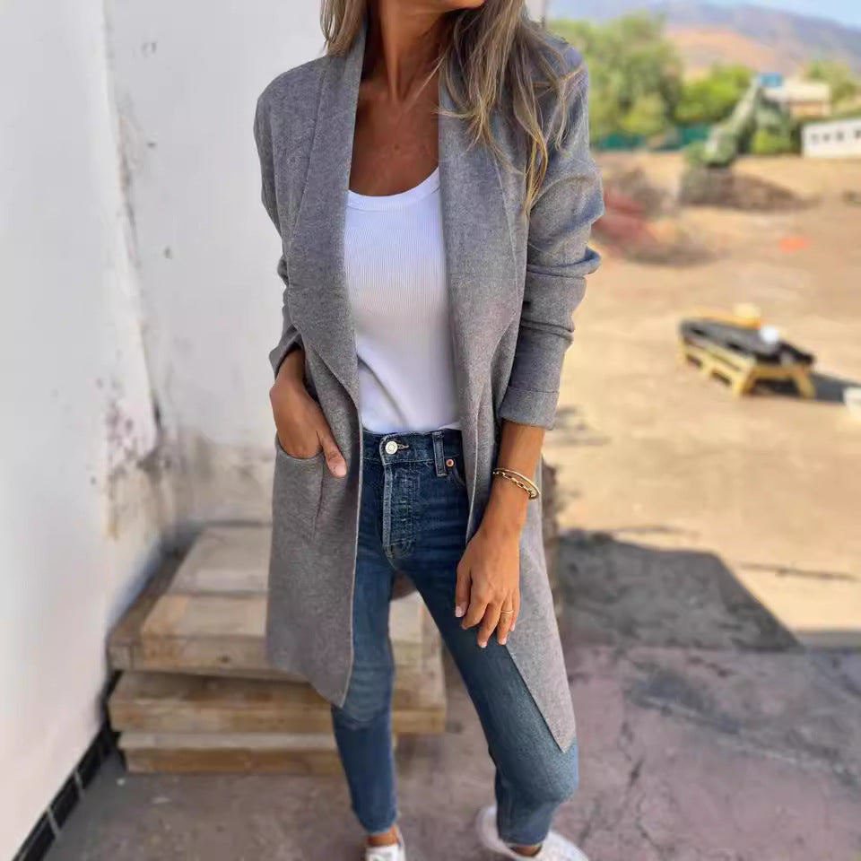 Cardigan tricoté mi-long à revers, manteau en laine fin, automne et hiver