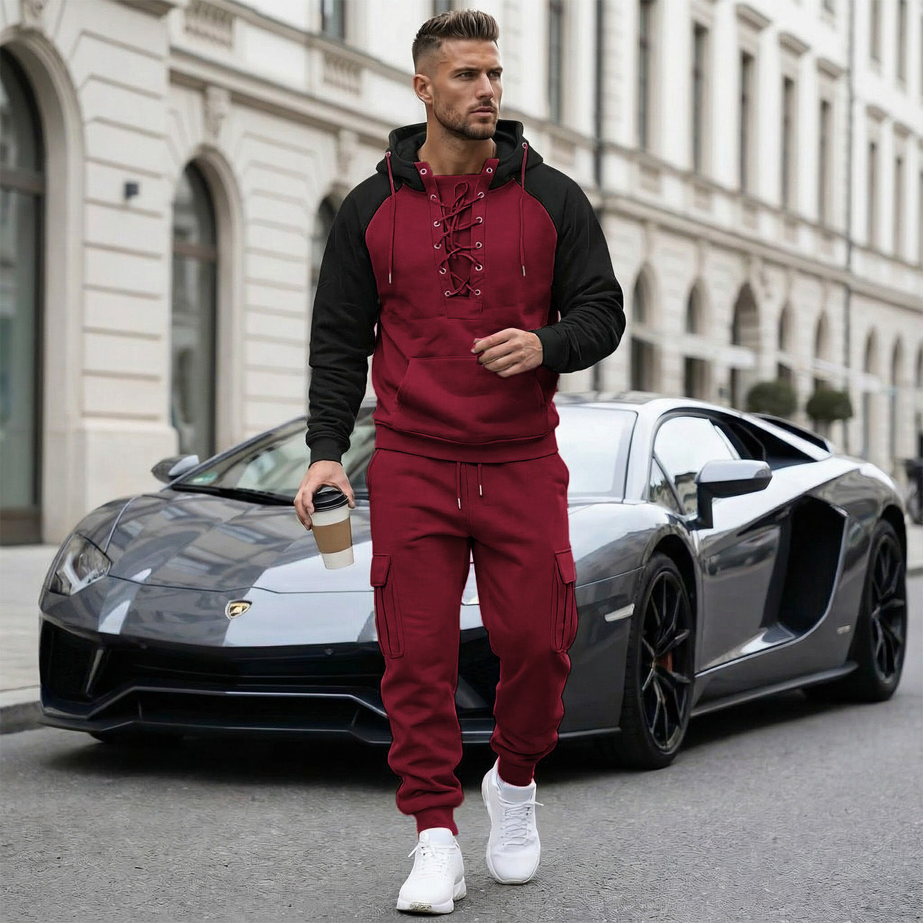 Pantalon cargo doublé en polaire, manches raglan, multi-poches