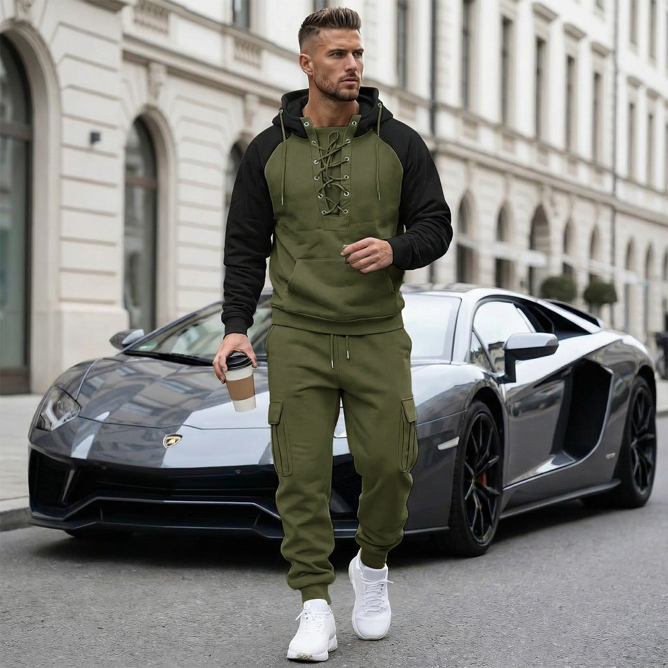 Pantalon cargo doublé en polaire, manches raglan, multi-poches