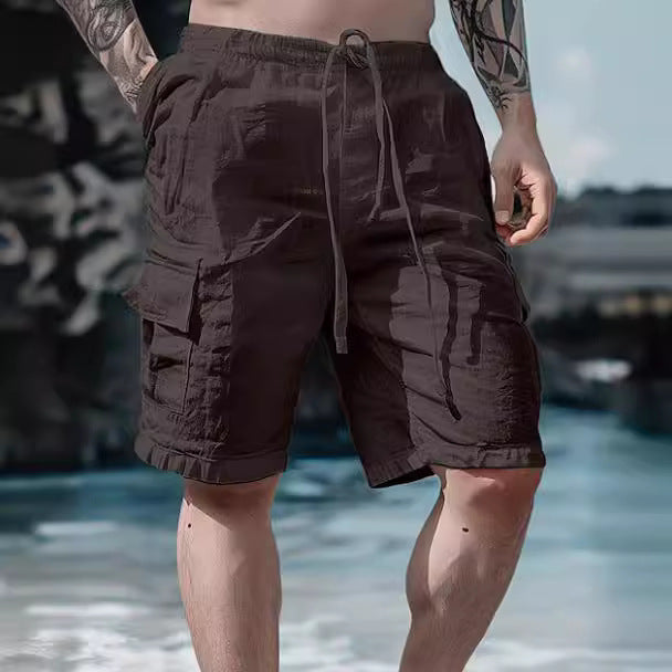 Short en lin et coton, cordon de serrage, taille élastique, jambe droite, couleur unie