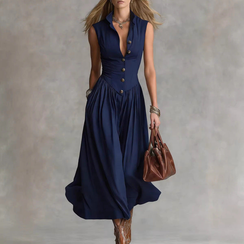 Robe longue habillée sans manches à col tailleur élégant