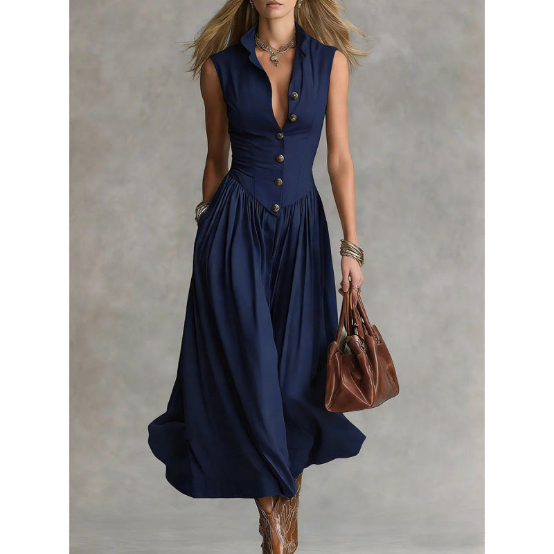 Robe longue habillée sans manches à col tailleur élégant