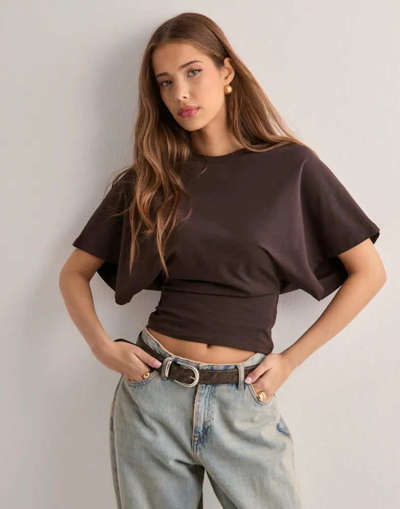 T-shirt d'été pour femme à manches chauve-souris – Col rond, style tendance