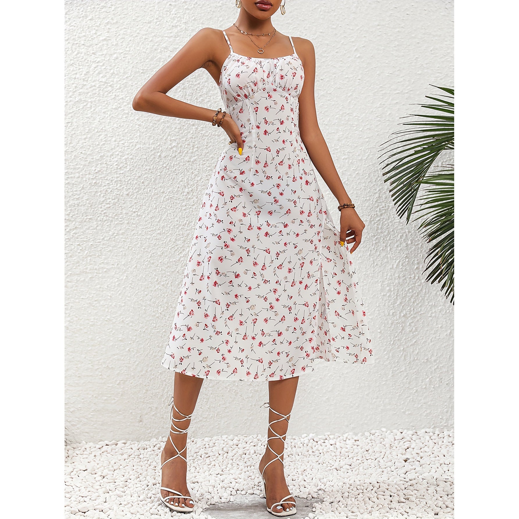 Robe Longue d'Été à Bretelles avec Imprimé Pois et Fente Sexy pour Femme
