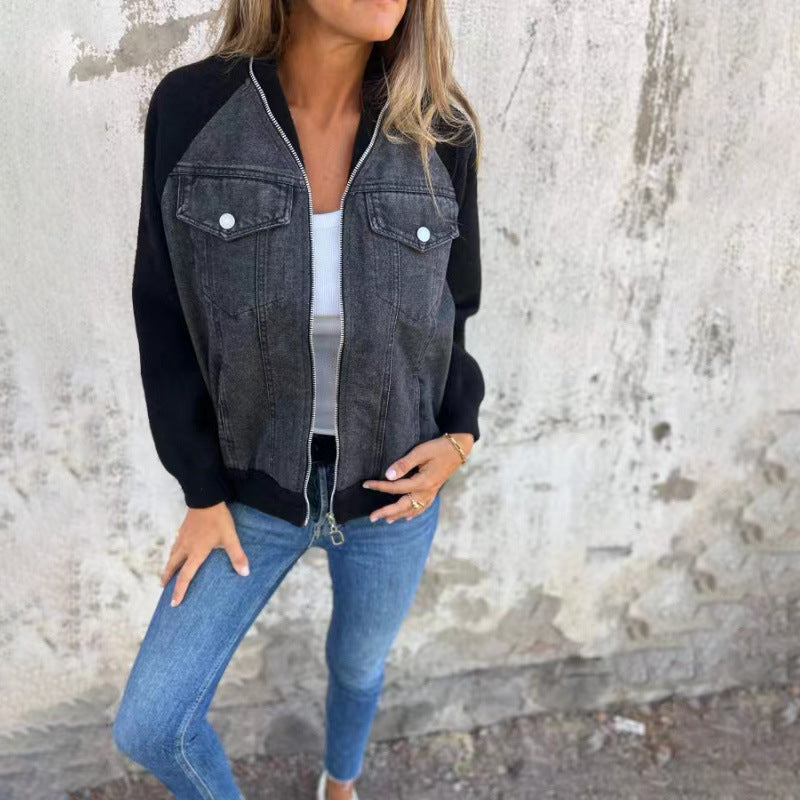 Veste en jean à coutures décontractées à manches raglan