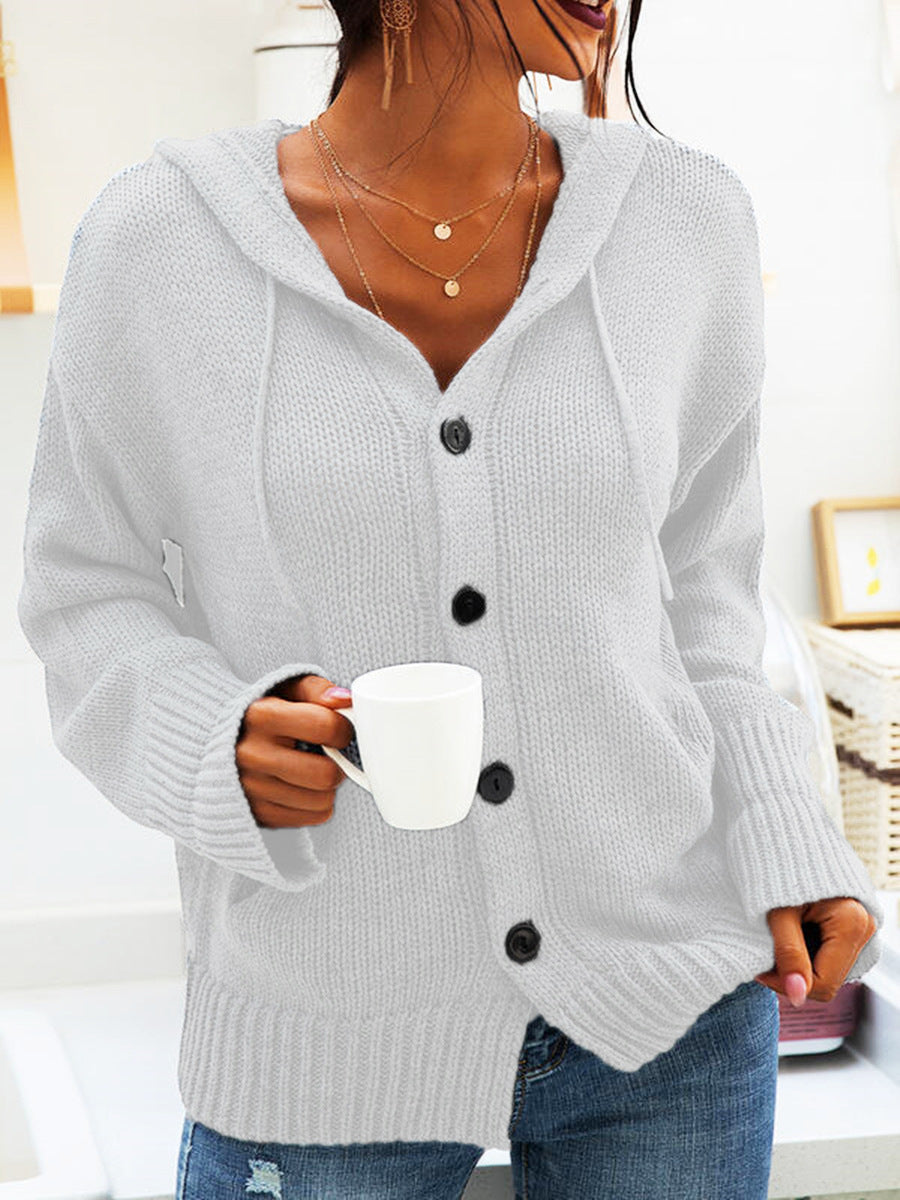 gilet long à capuche, tricoté, à manches longues, boutonné avec cordon de serrage