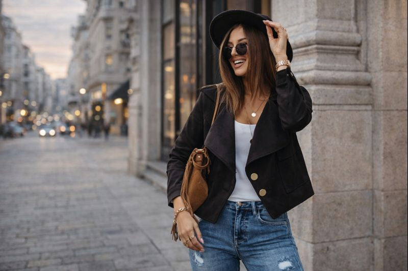 Veste courte boutonnée en polaire effet daim, col à revers, manches longues