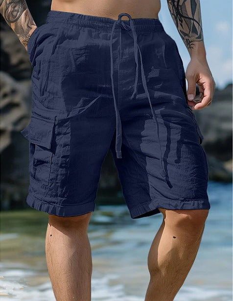 Short en lin et coton, cordon de serrage, taille élastique, jambe droite, couleur unie