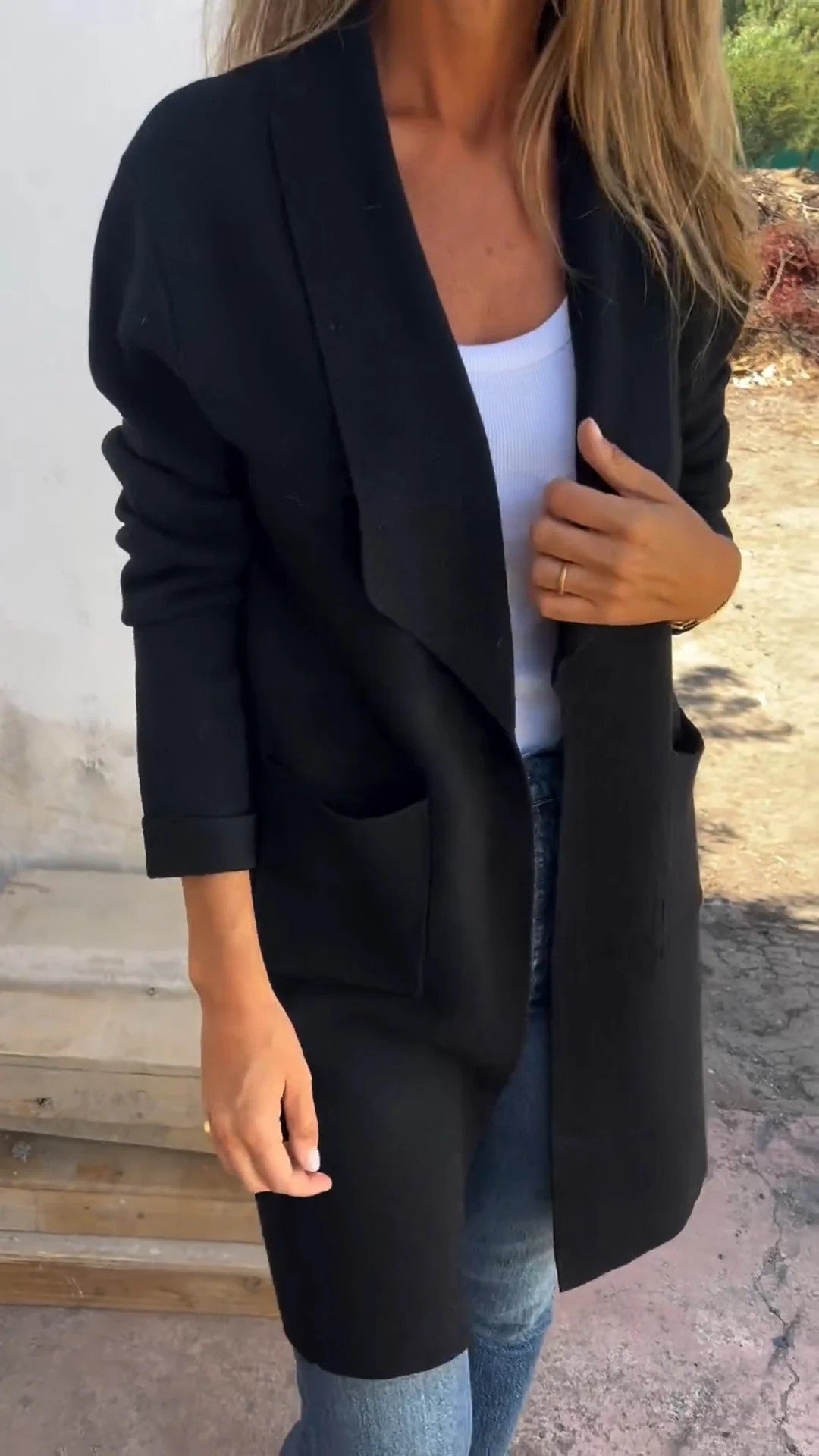 Cardigan tricoté mi-long à revers, manteau en laine fin, automne et hiver