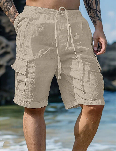 Short en lin et coton, cordon de serrage, taille élastique, jambe droite, couleur unie