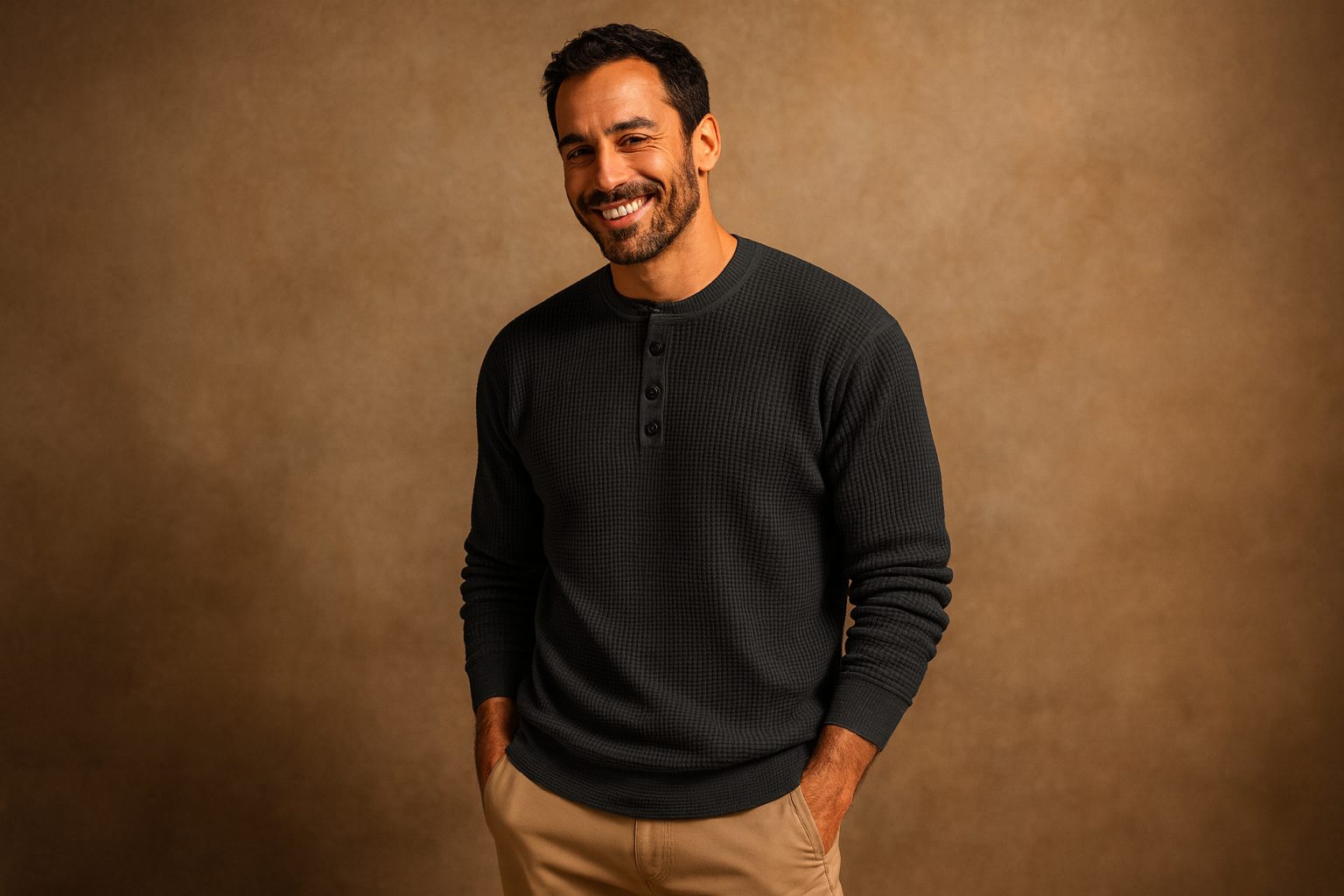 Henley casual en maille gaufrée, col rond, manches longues, couleur pleine