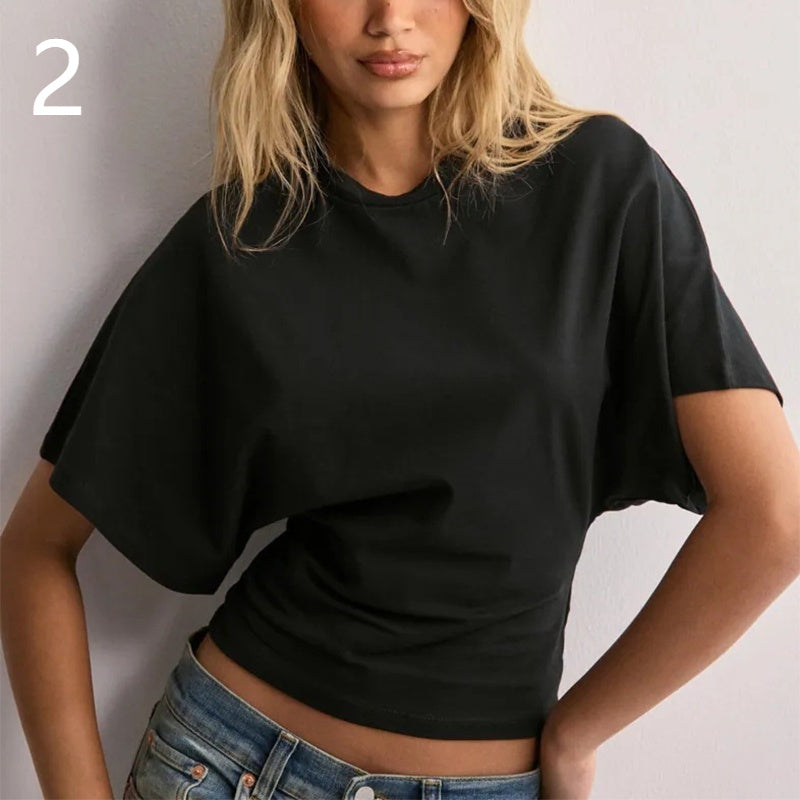 T-shirt d'été pour femme à manches chauve-souris – Col rond, style tendance