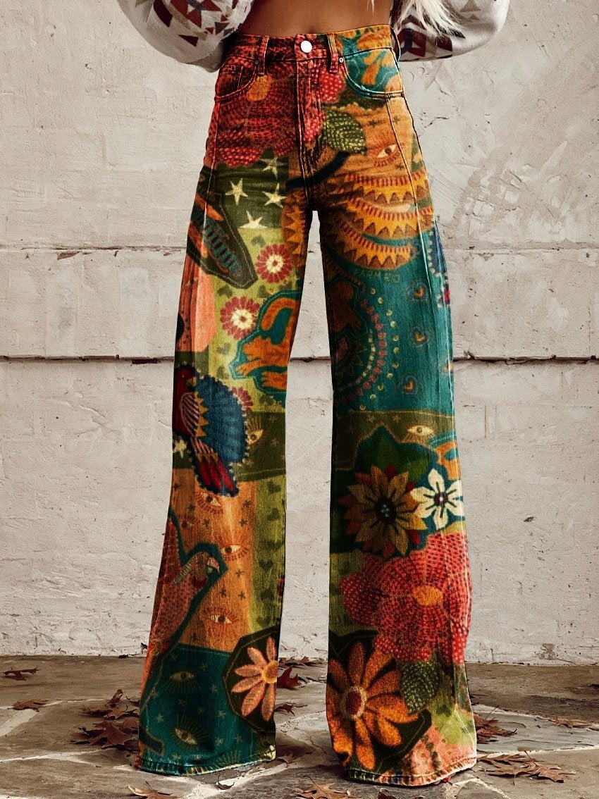 Pantalon droit décontracté à jambes larges imprimé en 3D pour femme