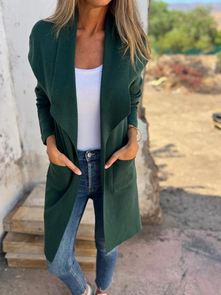 Cardigan tricoté mi-long à revers, manteau en laine fin, automne et hiver