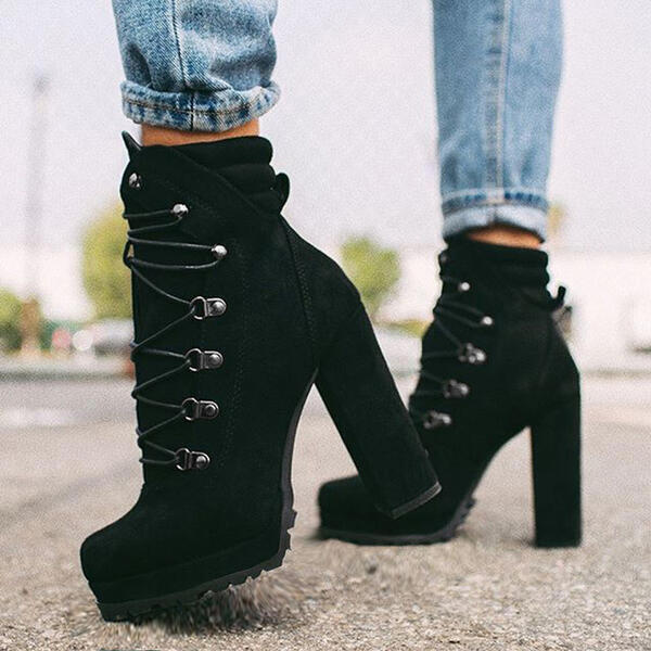 Bottes À talons hauts Pour Femmes Bout Rond Lace UP Bottes Mi-mollet
