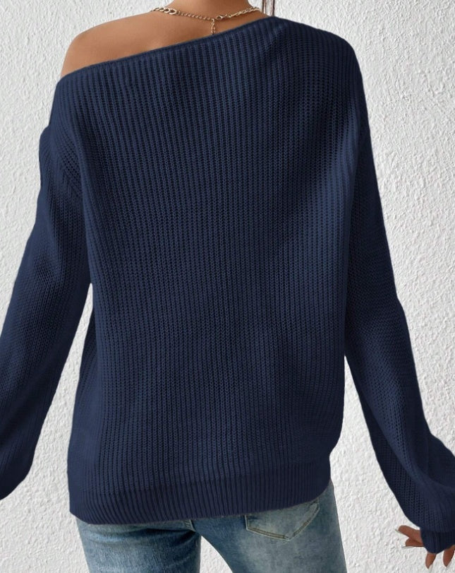 Pull Asymétrique Côtelé à Épaule Dénudée – Élégance Moderne