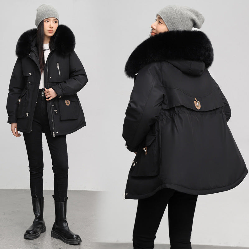 Manteau épais en coton doublé polaire, coupe parka amincissante, style transfrontalier.
