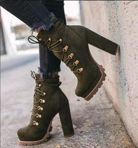 Bottes À talons hauts Pour Femmes Bout Rond Lace UP Bottes Mi-mollet