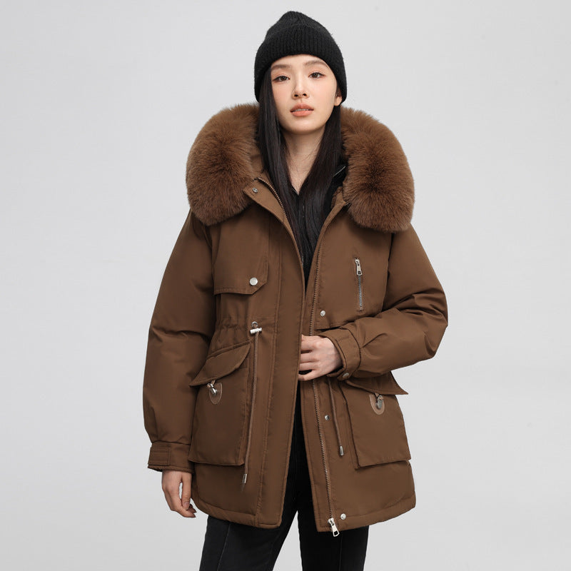 Manteau épais en coton doublé polaire, coupe parka amincissante, style transfrontalier.