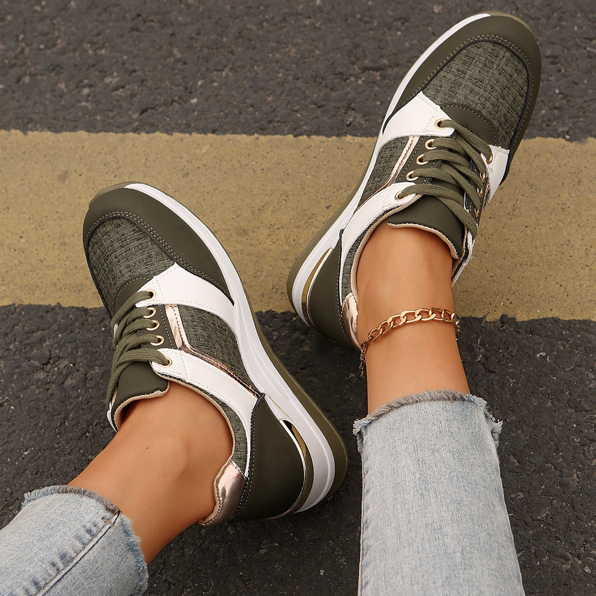 Baskets à lacets colorblock pour femme, mode décontractée, semelle épaisse, bout rond et enfilage facile