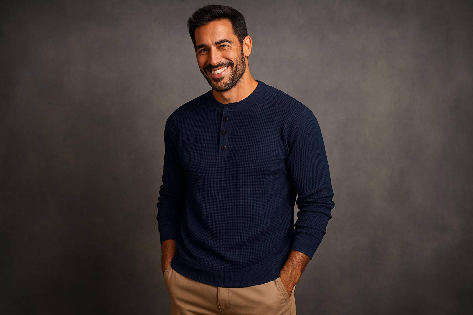 Henley casual en maille gaufrée, col rond, manches longues, couleur pleine