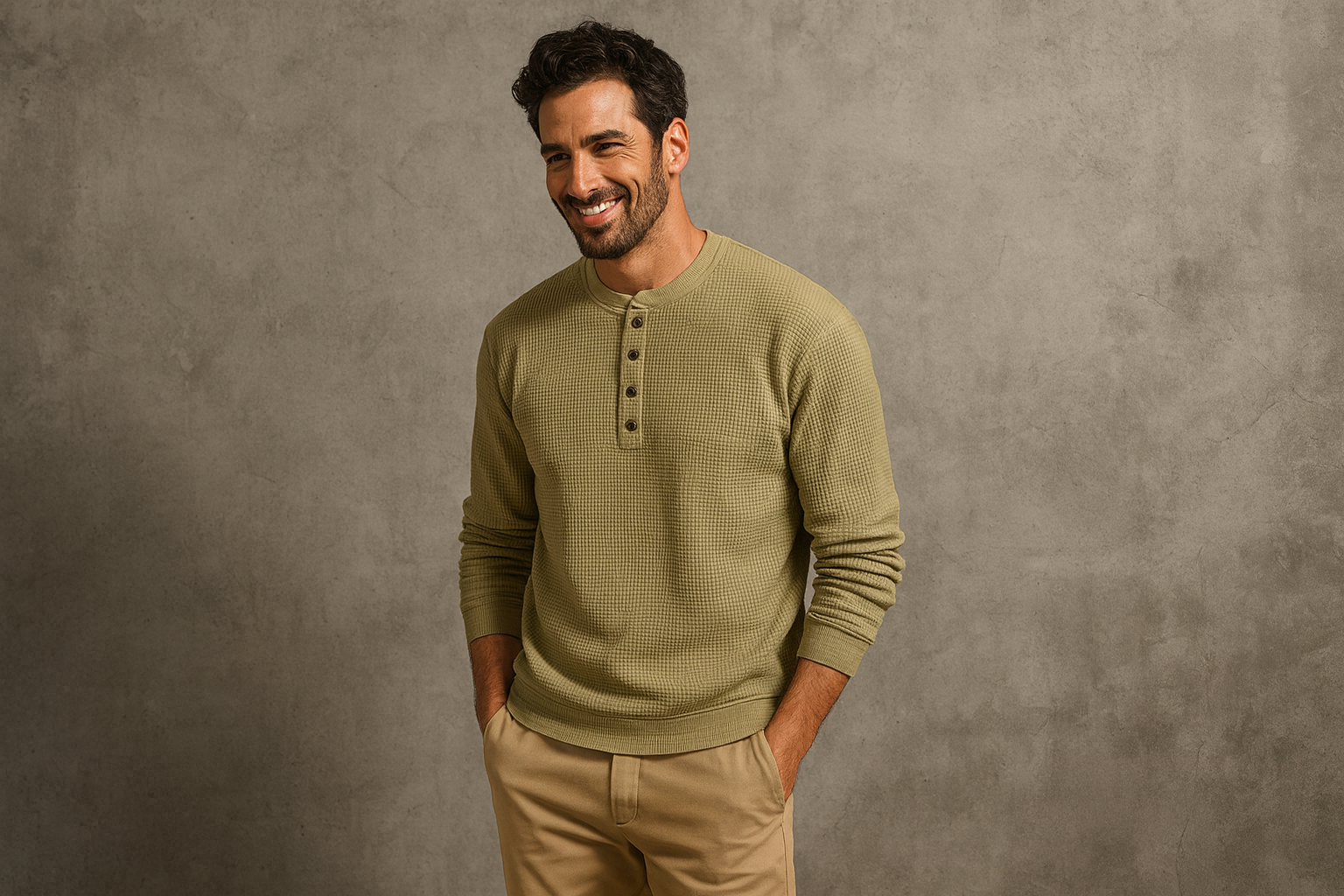 Henley casual en maille gaufrée, col rond, manches longues, couleur pleine