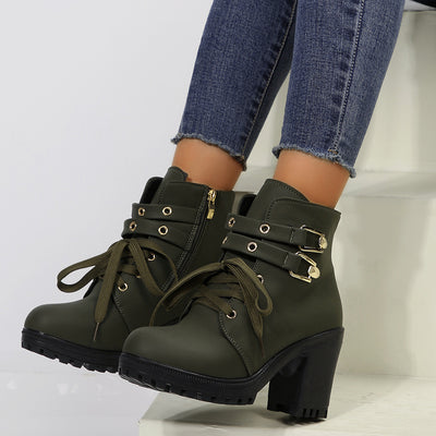 Bottines d’automne à bout rond, talon épais et plateforme, avec lacets pour un style décontracté.