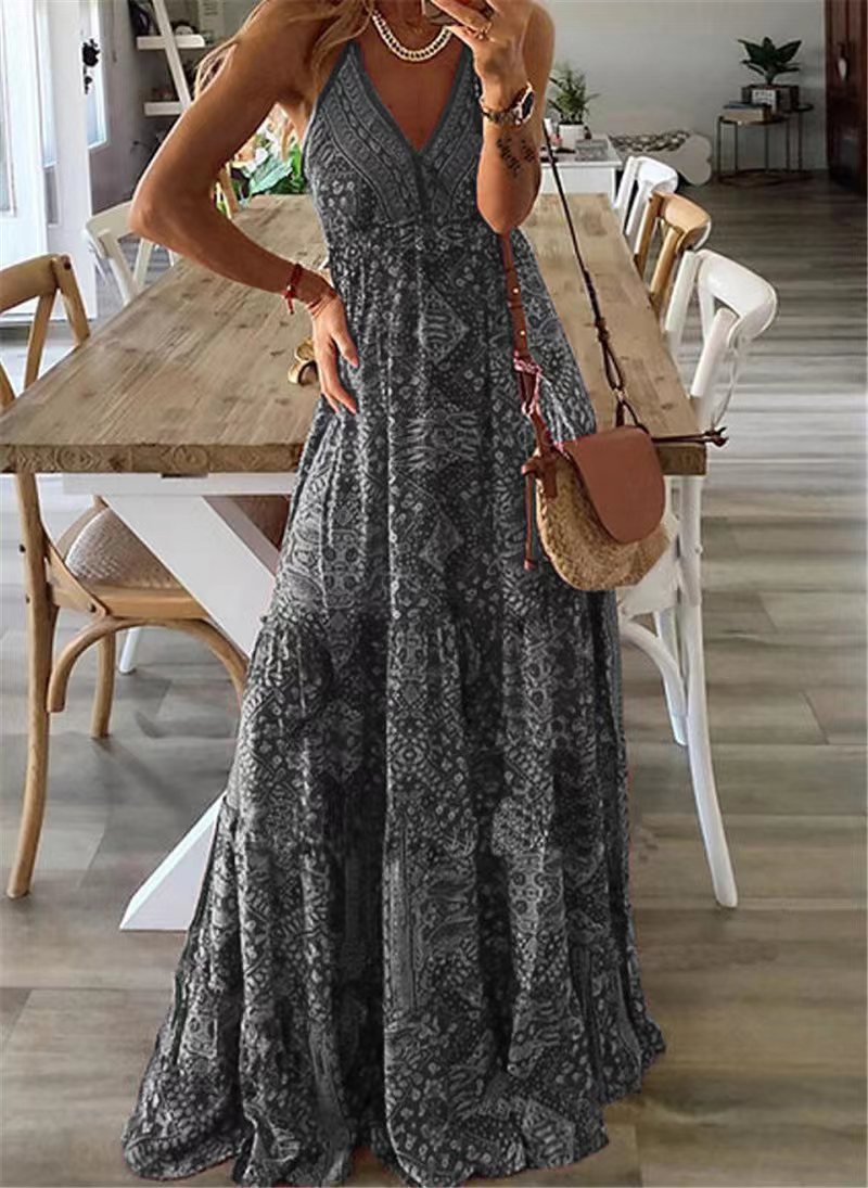 Robe imprimée à fleurs style bohème, taille haute et décolleté en V