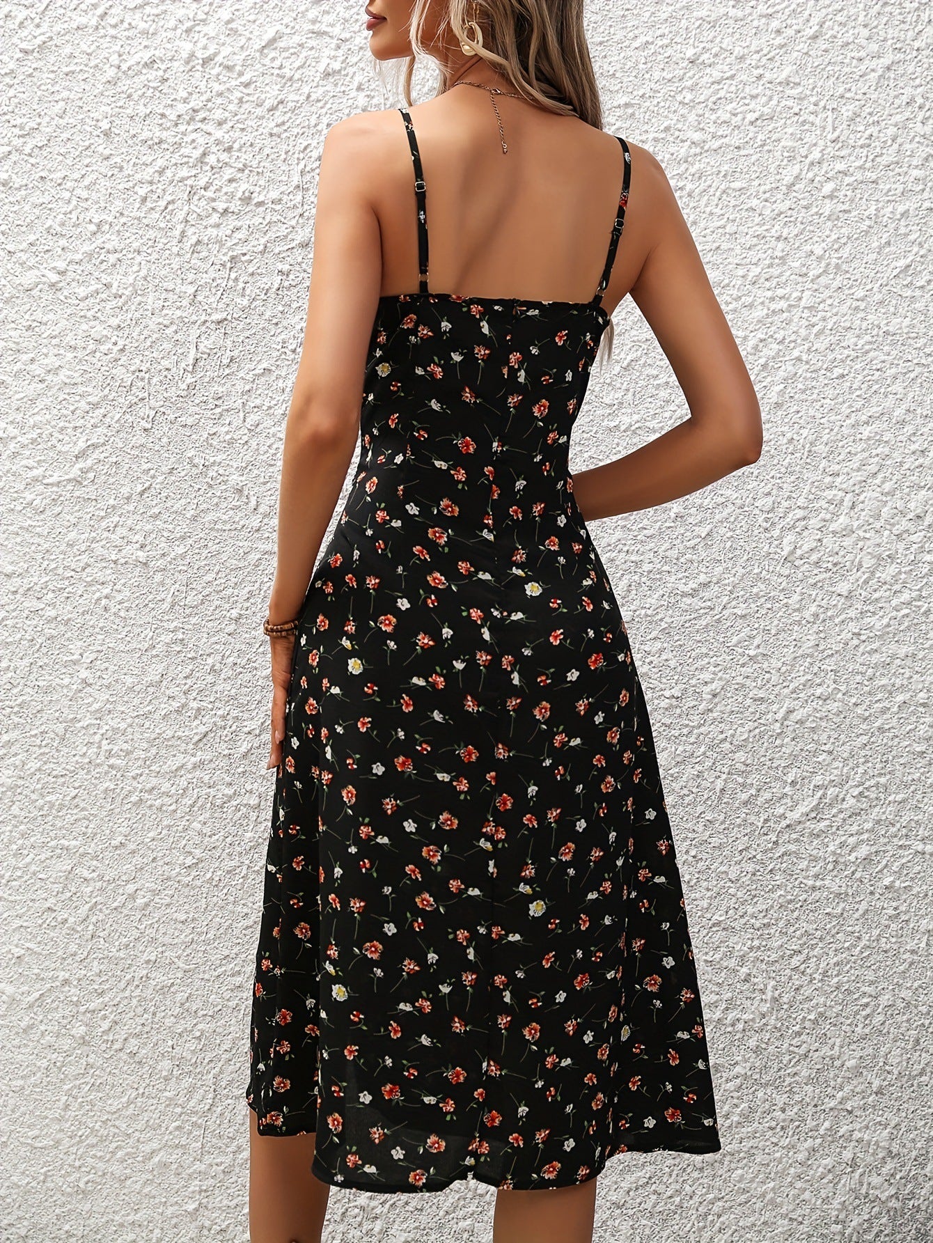 Robe Longue d'Été à Bretelles avec Imprimé Pois et Fente Sexy pour Femme