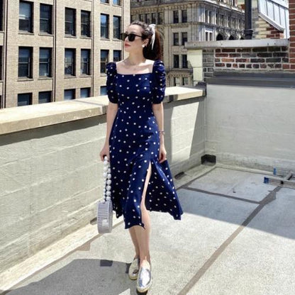 Robe française à pois bleus pour femmes, nouvelle collection été