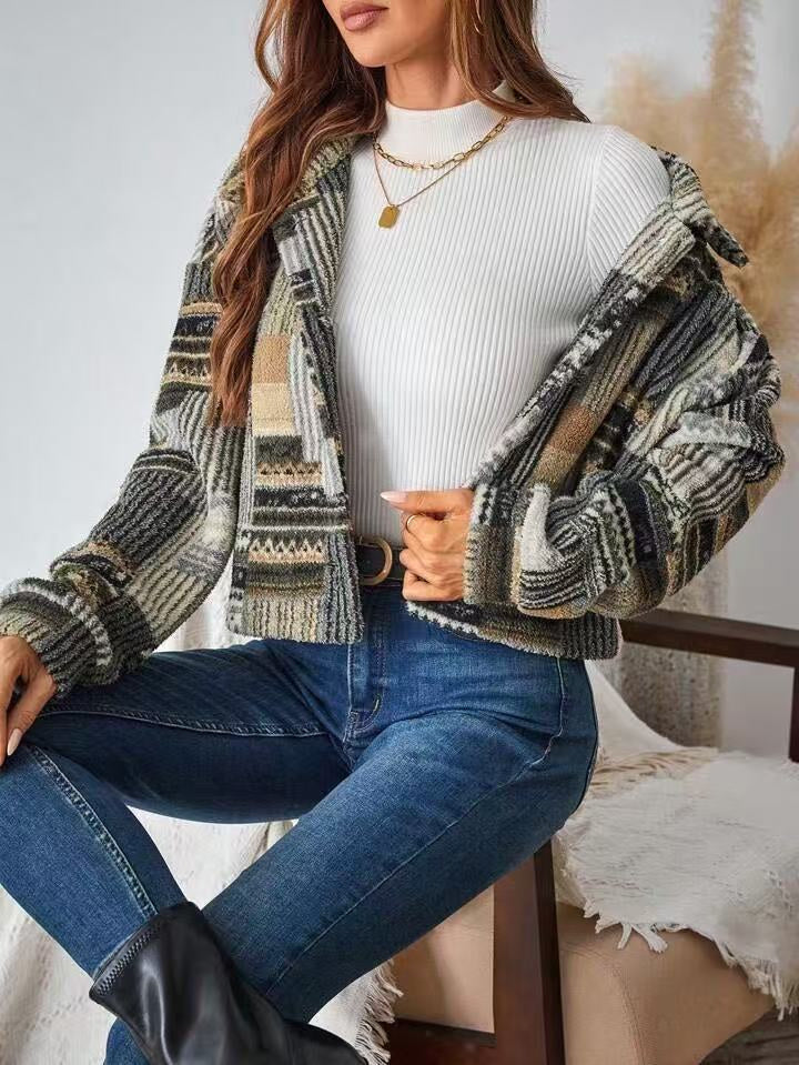 Veste en peluche douce pour femme – Cardigan imprimé à boutons