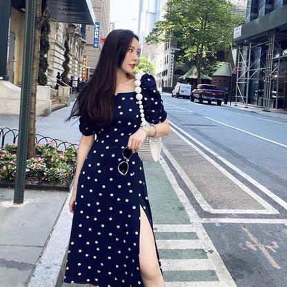 Robe française à pois bleus pour femmes, nouvelle collection été