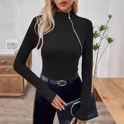 Pull à manches longues et col roulé avec fermeture éclair oblique et chemise à bascule