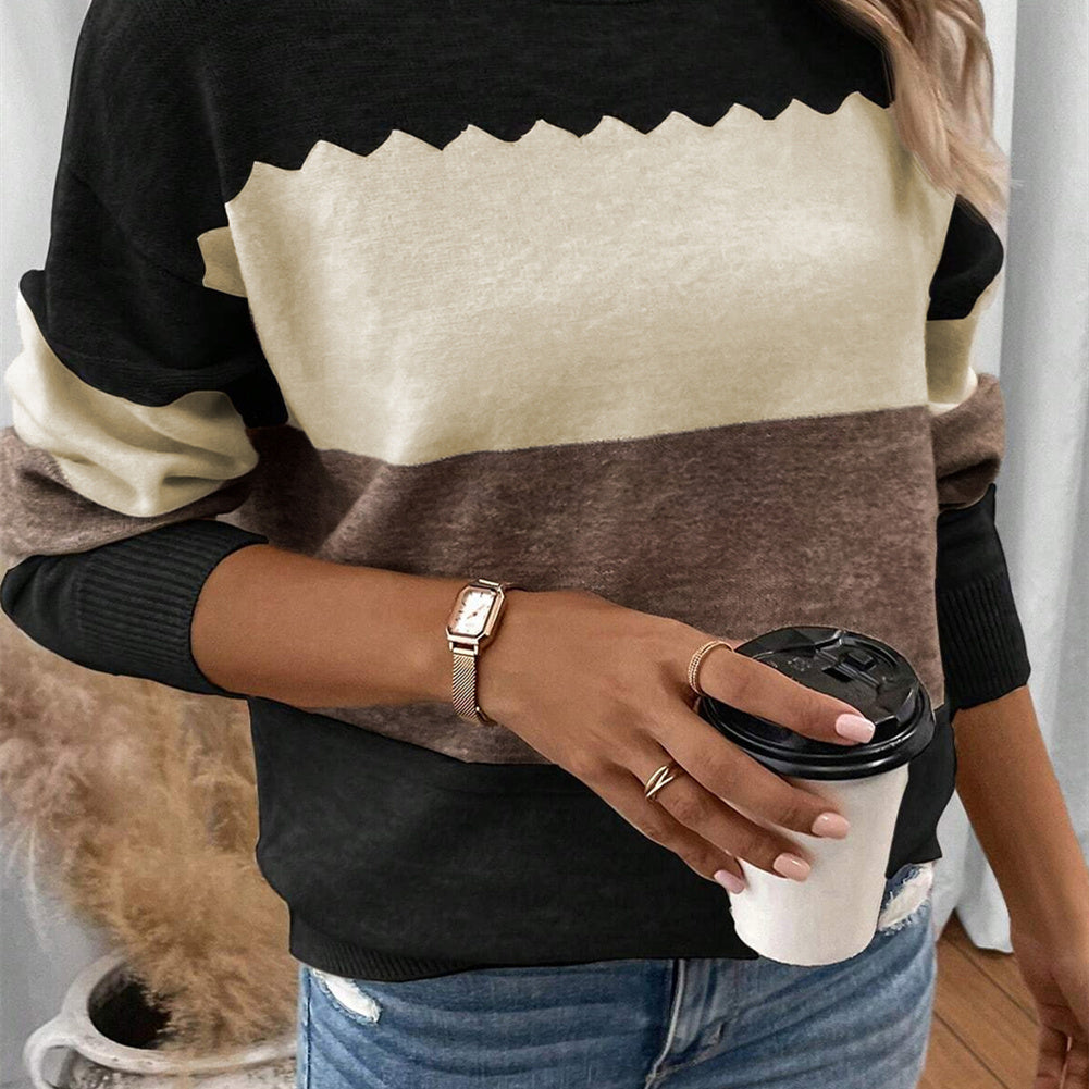 Pull chaud et élégant pour femme, col rond et manches longues, motif color-block
