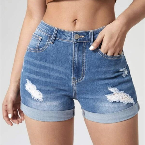 Short en jean taille haute élastique pour femmes, trous de bouclage