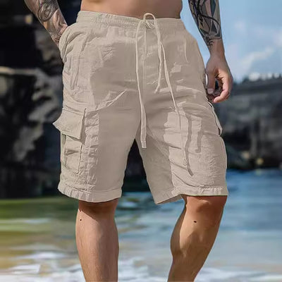 Short en lin et coton, cordon de serrage, taille élastique, jambe droite, couleur unie