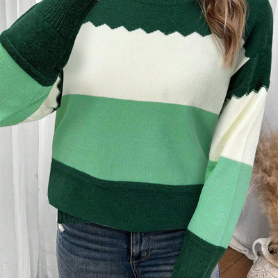 Pull chaud et élégant pour femme, col rond et manches longues, motif color-block