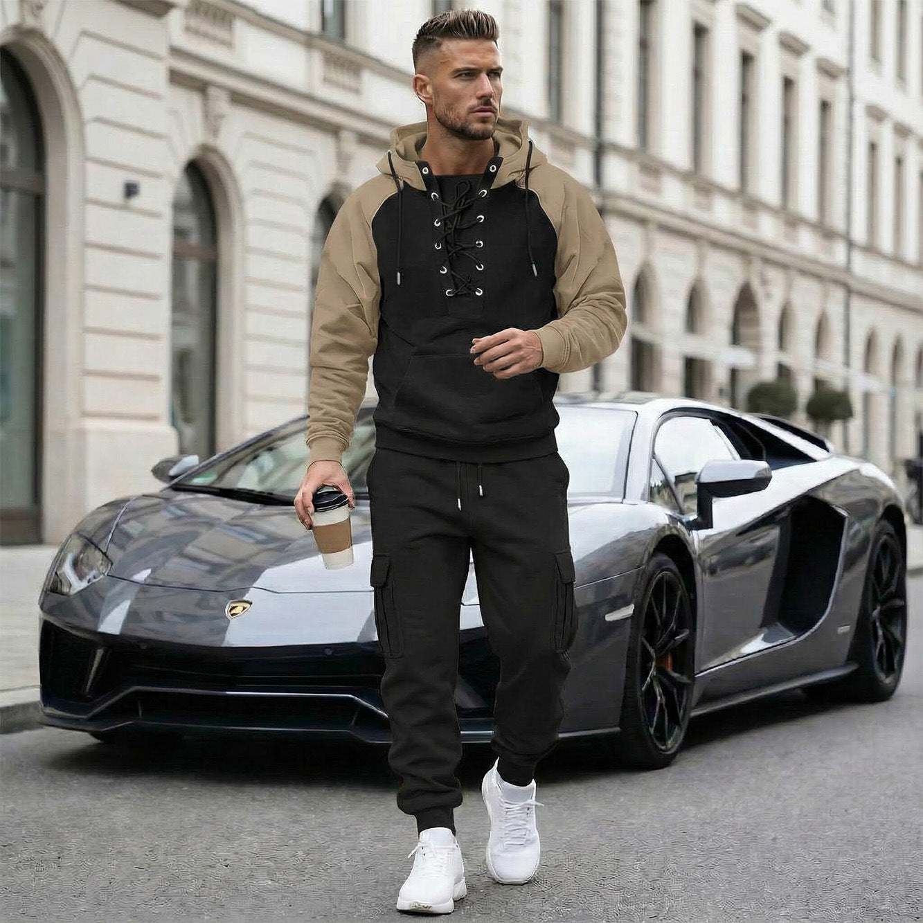 Pantalon cargo doublé en polaire, manches raglan, multi-poches