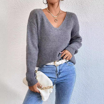 Pull à manches longues en dentelle dos nu ajouré à col en V