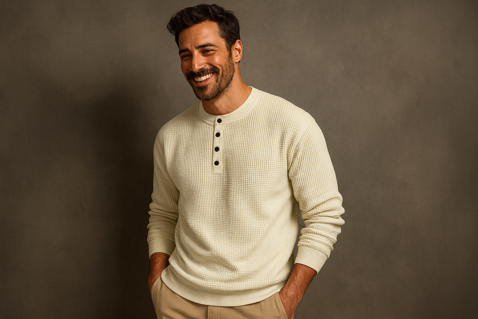 Henley casual en maille gaufrée, col rond, manches longues, couleur pleine